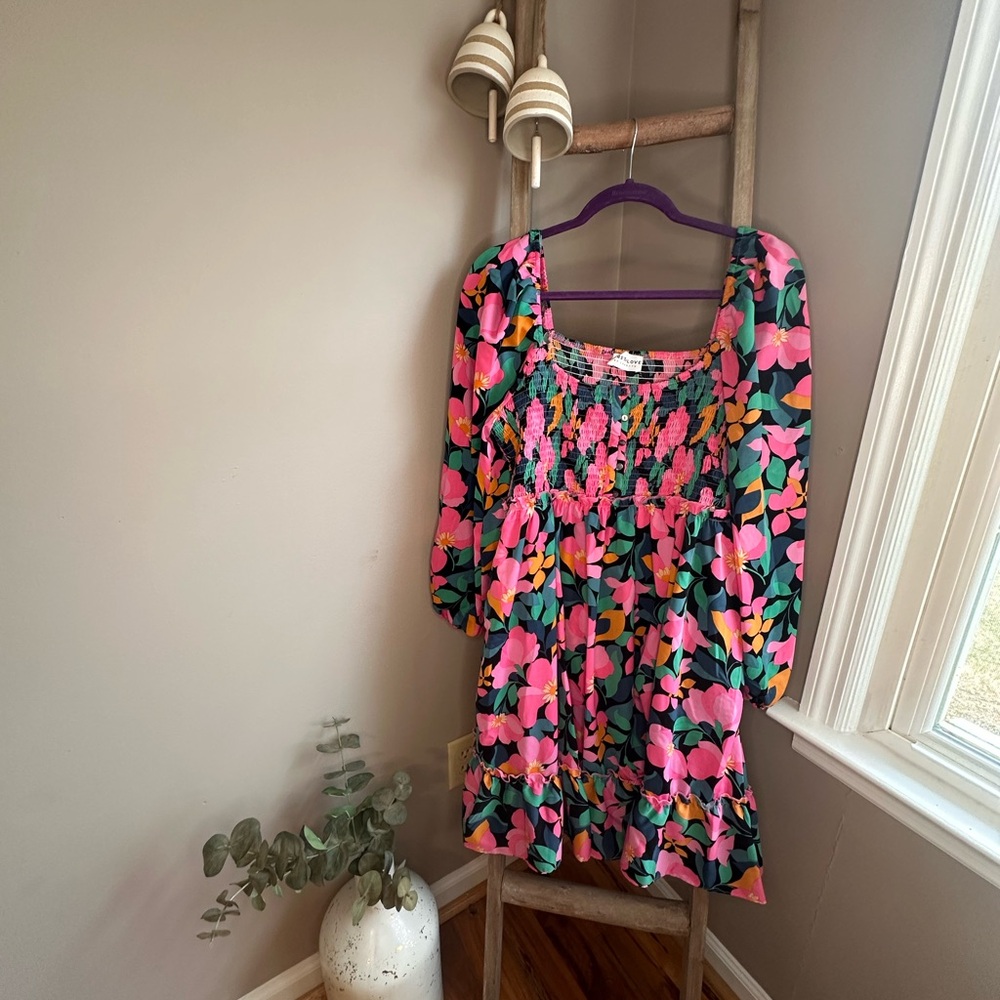 Chic Soul Pink & Green Floral Smocked Babydoll Dress